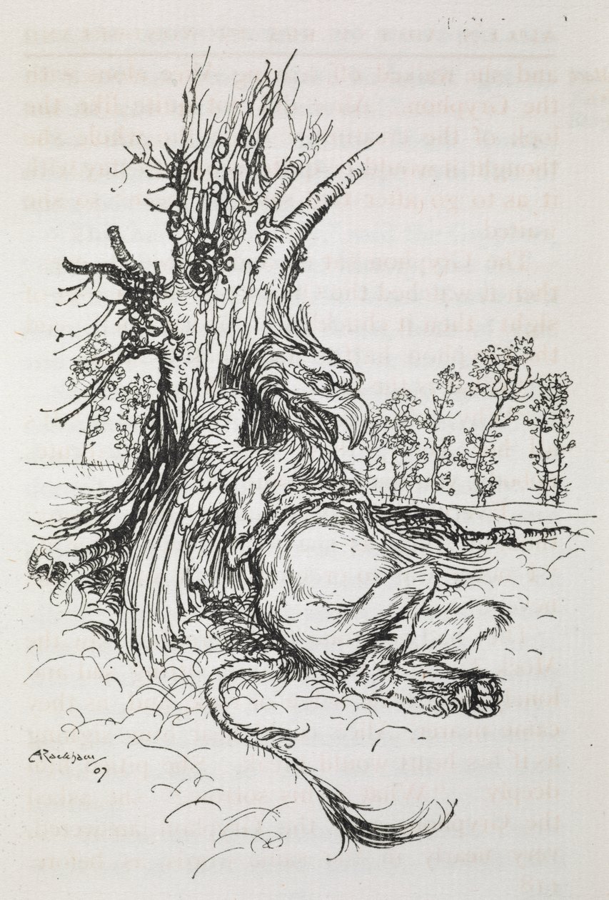 Gryphonen sitter mot et tre av Arthur Rackham