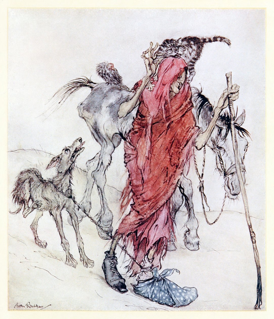 The Hag of the Mill var en bein, tynn stang av en hage med ulike føtter. fra Mongans Frenzy in Irish Fairy Tales av Arthur Rackham