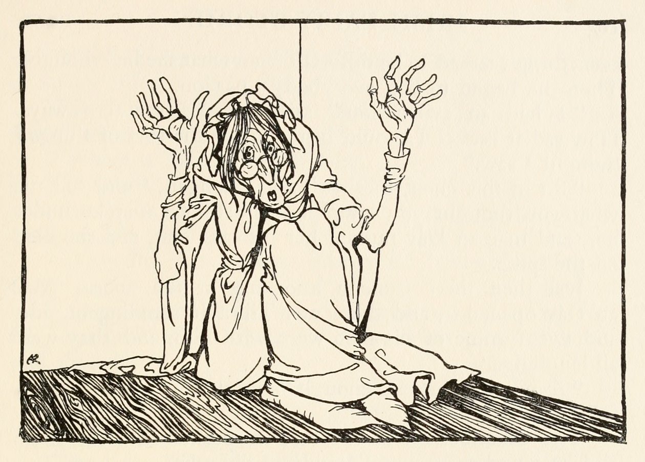 Hagen satt mot veggen, fra Morgans Frenzy i Irish Fairy Tales av Arthur Rackham