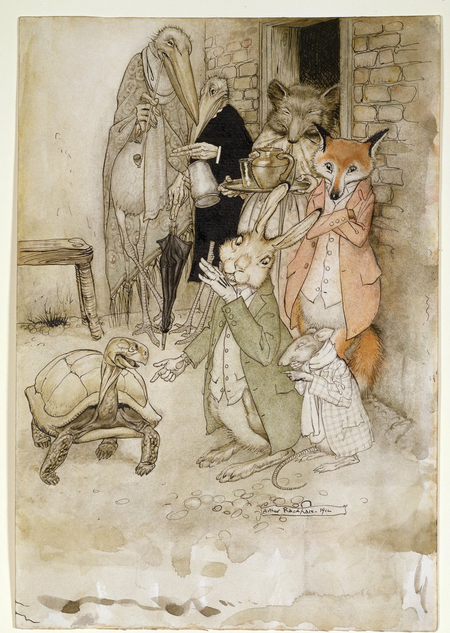 The Hare and the Tortoise, illustrasjon fra Aesops Fables, pub. av Heinemann, 1912 (penn og blekk, wc på papir) av Arthur Rackham