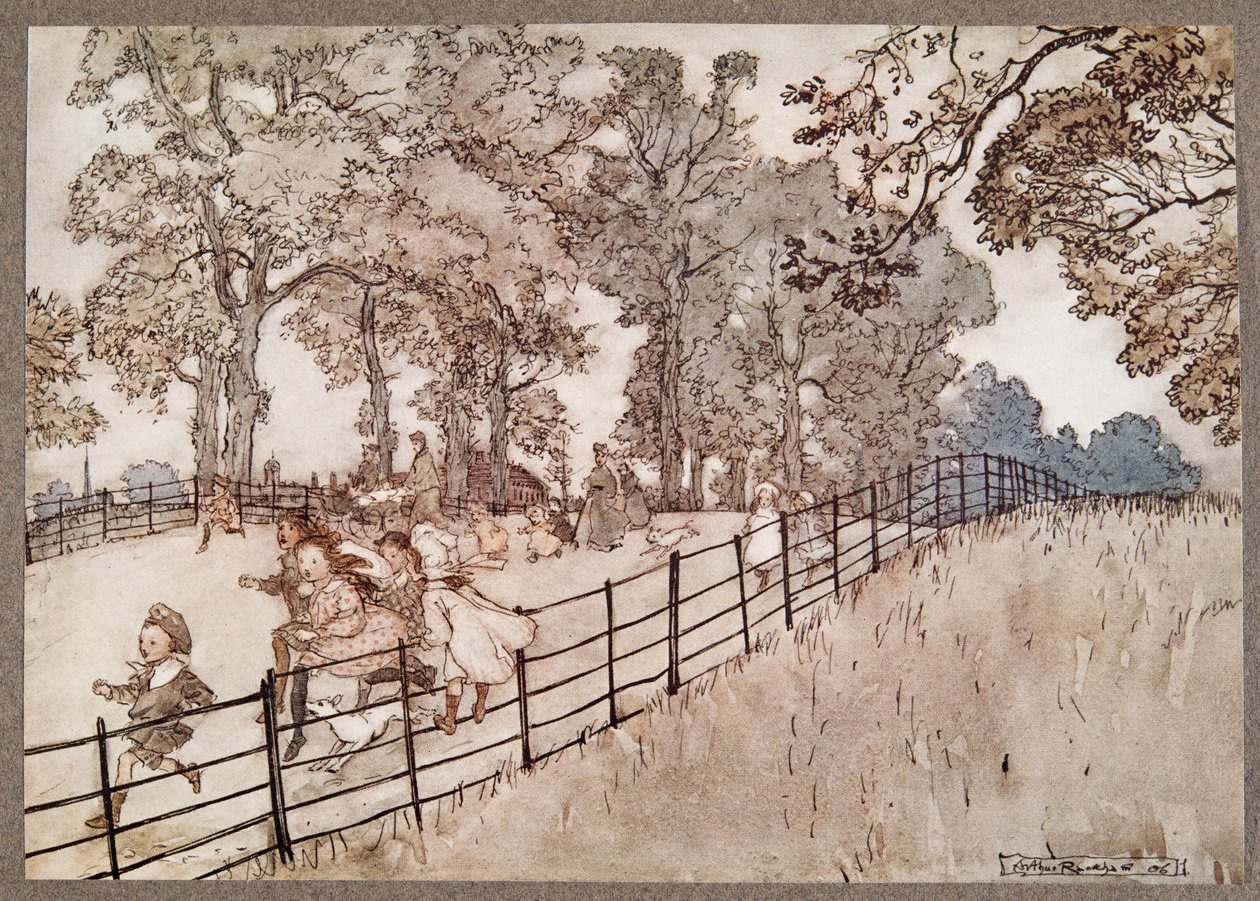 The Hump som er den delen av Broad Walk hvor alle de store løpene kjøres, fra Peter Pan i Kensington Gardens av J M Barrie (1860 - 1937), pub. 1906 av Arthur Rackham
