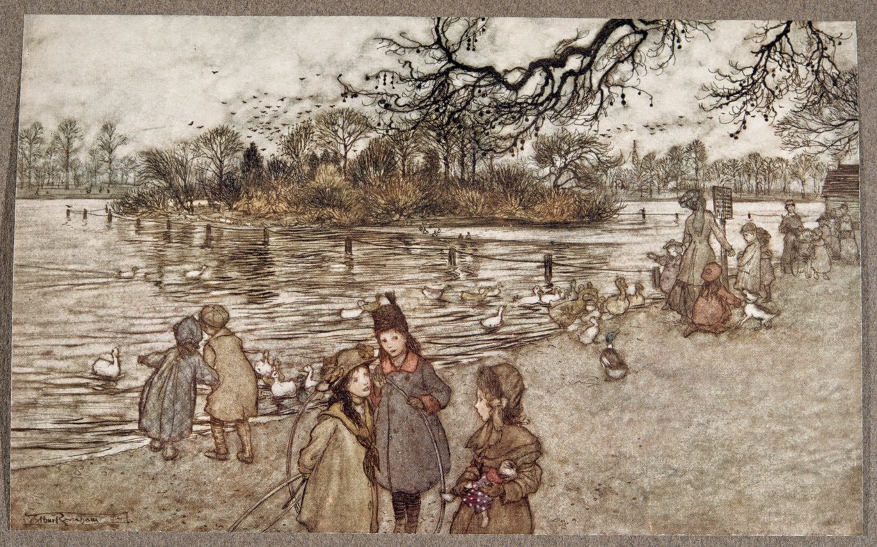Øya som alle fuglene er født på som ble til gutter og jenter, fra Peter Pan i Kensington Gardens av J M Barrie (1860 - 1937), pub. 1906 av Arthur Rackham
