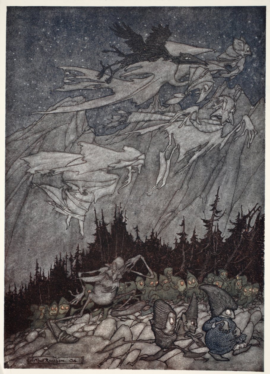 Kaatskill-fjellene hadde alltid vært hjemsøkt av merkelige vesener., fra Rip Van Winkle av Washington Irving, pub. 1910 av Arthur Rackham