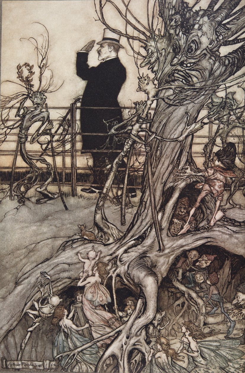 Kensington Gardens er i London, hvor kongen bor ..", fra Peter Pan i Kensington Gardens av JM Barrie (1860 - 1937), pub. 1906 (farge litho) av Arthur Rackham