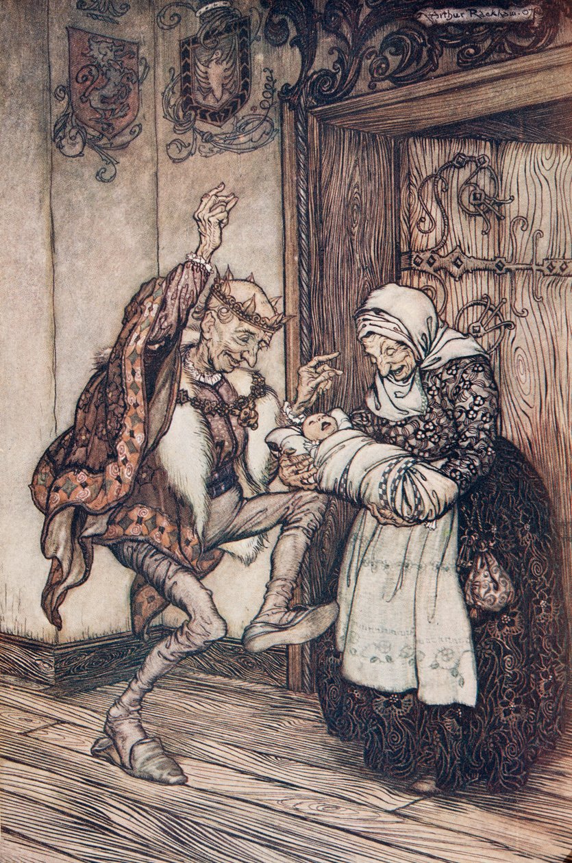 Kongen kunne ikke beherske seg av glede ?., fra The Fairy Tales of the Brothers Grimm, pub. 1909 av Arthur Rackham