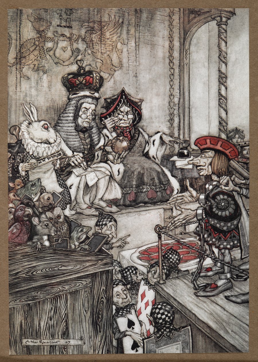 The Knove of Hearts i dokken før dronningen og kongen av hjerter anklaget for å ha stjålet tertene av Arthur Rackham
