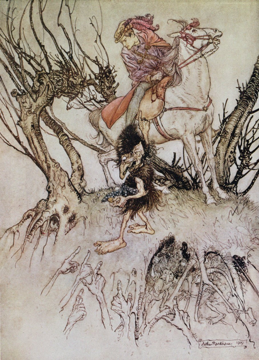 Ridderen Hulbrand med en nisse, illustrasjon til eventyret 'Undine' av baron de la Motte Fouque, 1909 av Arthur Rackham
