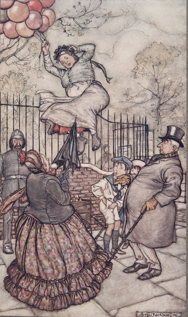 The Lady with the balloons, som sitter like utenfor, fra Peter Pan i Kensington Gardens av J M Barrie (1860 - 1937), pub. 1906 av Arthur Rackham
