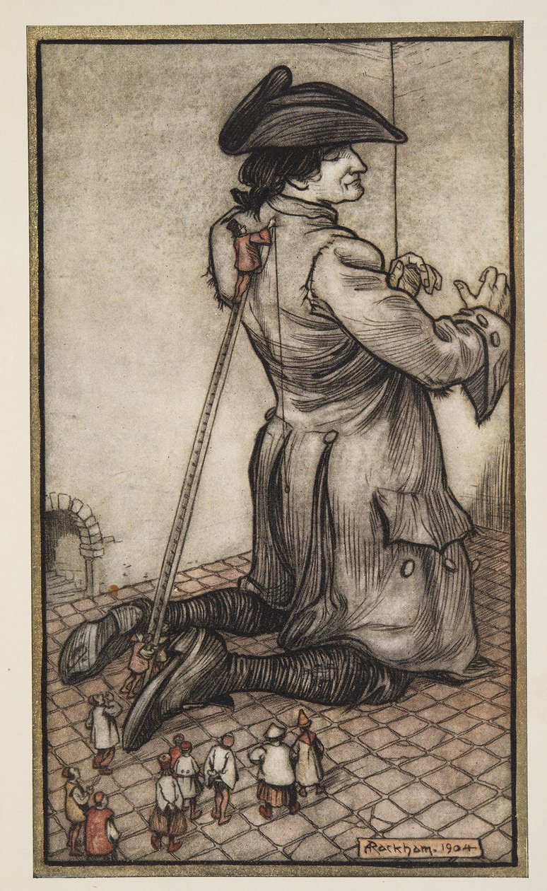 The Lilliputian Tailors Measure Gulliver for a New Suit of Clothes, fra Gullivers Travels av Jonathon Swift (1667 - 1745), pub. 1909 av Arthur Rackham