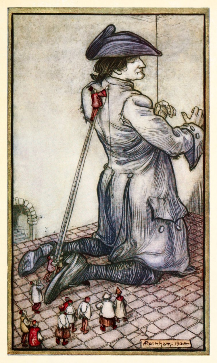 De Lilliputske skredderne måler Gulliver for en ny klesdrakt fra Del I: A Voyage to Lilliput in Gullivers Travels av Jonathan Swift av Arthur Rackham
