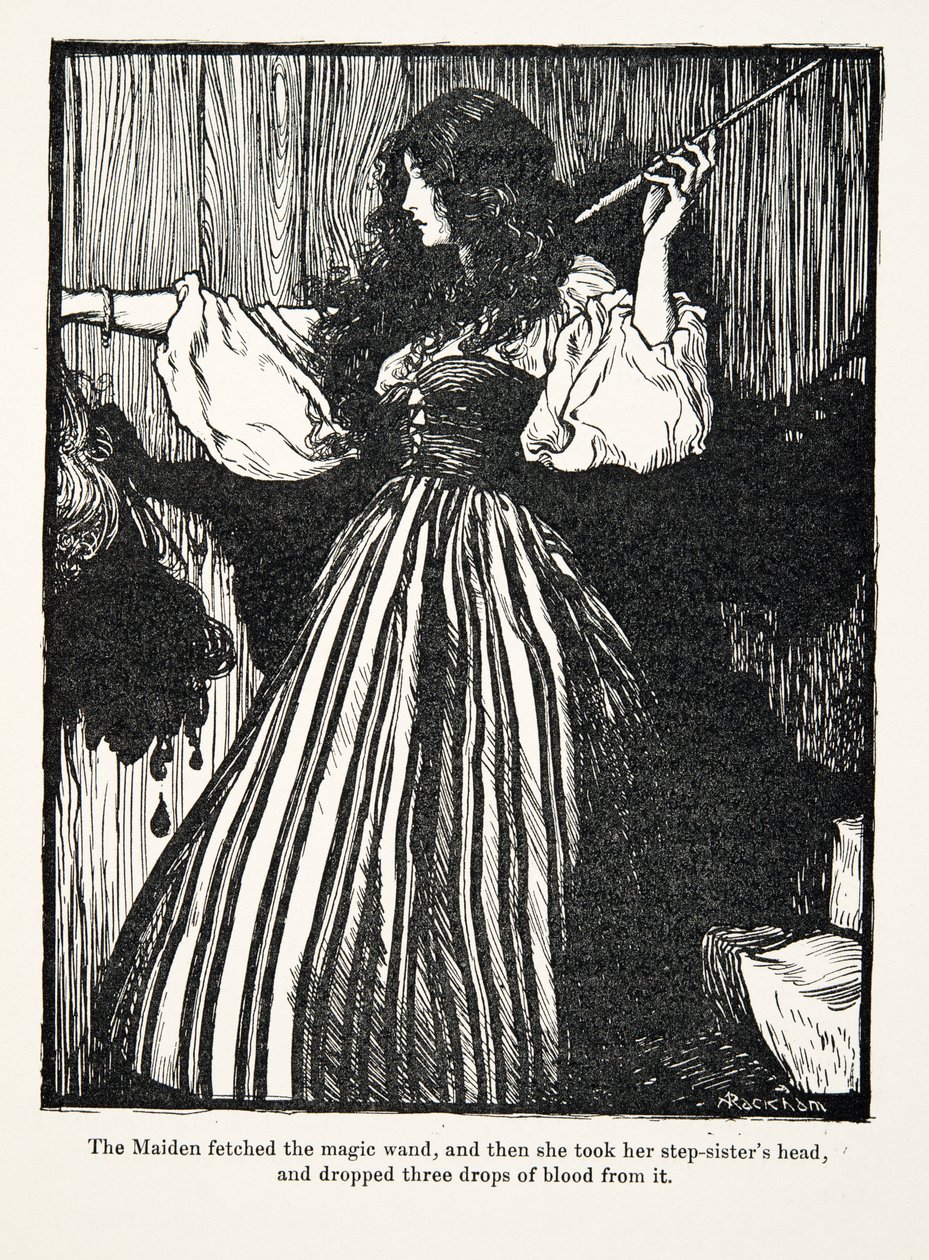 Jomfruen hentet tryllestaven, og så tok hun stesøstrenes hode og slapp tre dråper blod fra den fra The Fairy Tales of the Brothers Grimm, pub. 1909 av Arthur Rackham