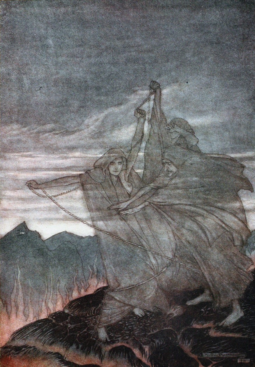 Nornene forsvinner. Illustrasjon for Siegfried and The Twilight of the Gods av Richard Wagner, 1910 av Arthur Rackham