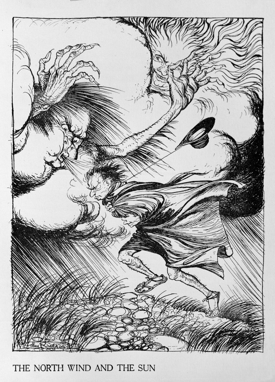 The North Wind and the Sun, illustrasjon fra 'Aesop's Fables', utgitt av Heinemann, 1912 av Arthur Rackham