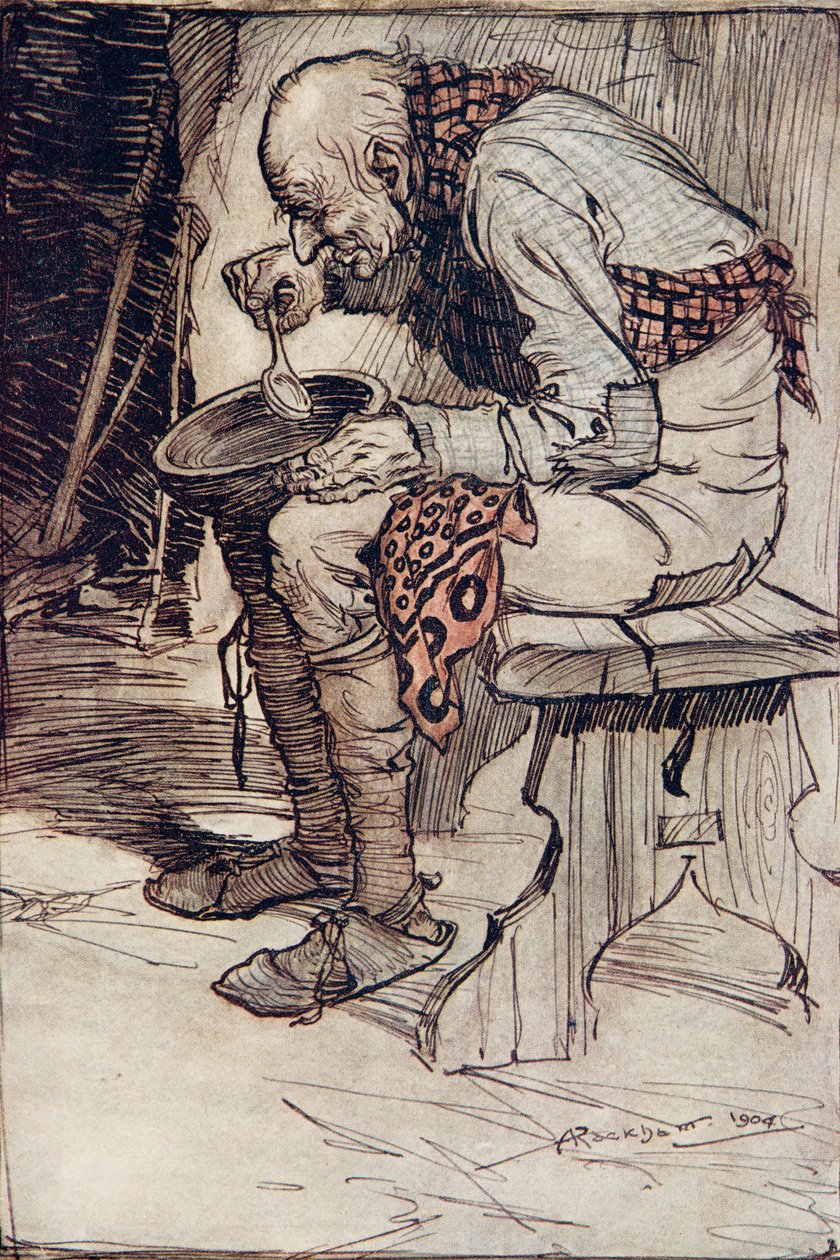 Den gamle måtte sitte for seg selv og spise maten fra en treskål ... fra The Fairy Tales of the Brothers Grimm, pub. 1909 av Arthur Rackham