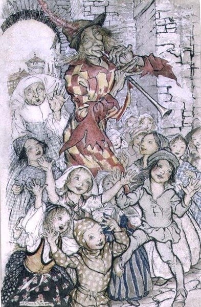 The Pied Piper of Hamelin, illustrasjon til diktet av Robert Browning (1812-89) pub. 1934 (penn og blekk, akvarell på papir) av Arthur Rackham