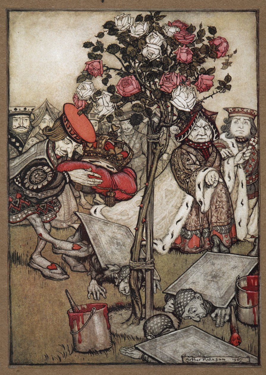 Dronningen, kongen og knekken av hjerter passerer mennene kledd som kort som maler rosebusken rød av Arthur Rackham