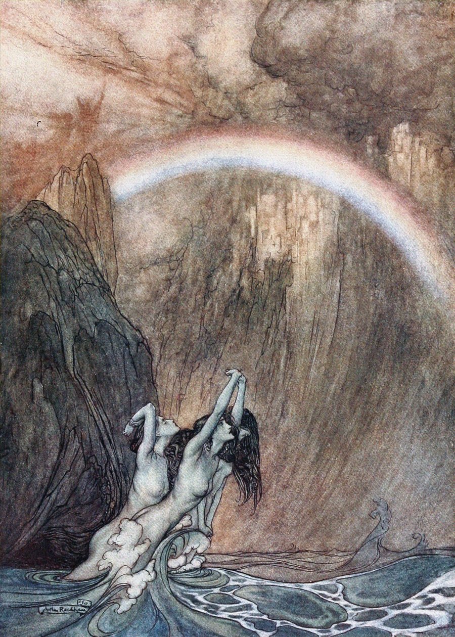 Rhinmaidens beklager sitt tapte gull. Illustrasjon for Rhinegold og Valkyrien av Richard av Arthur Rackham
