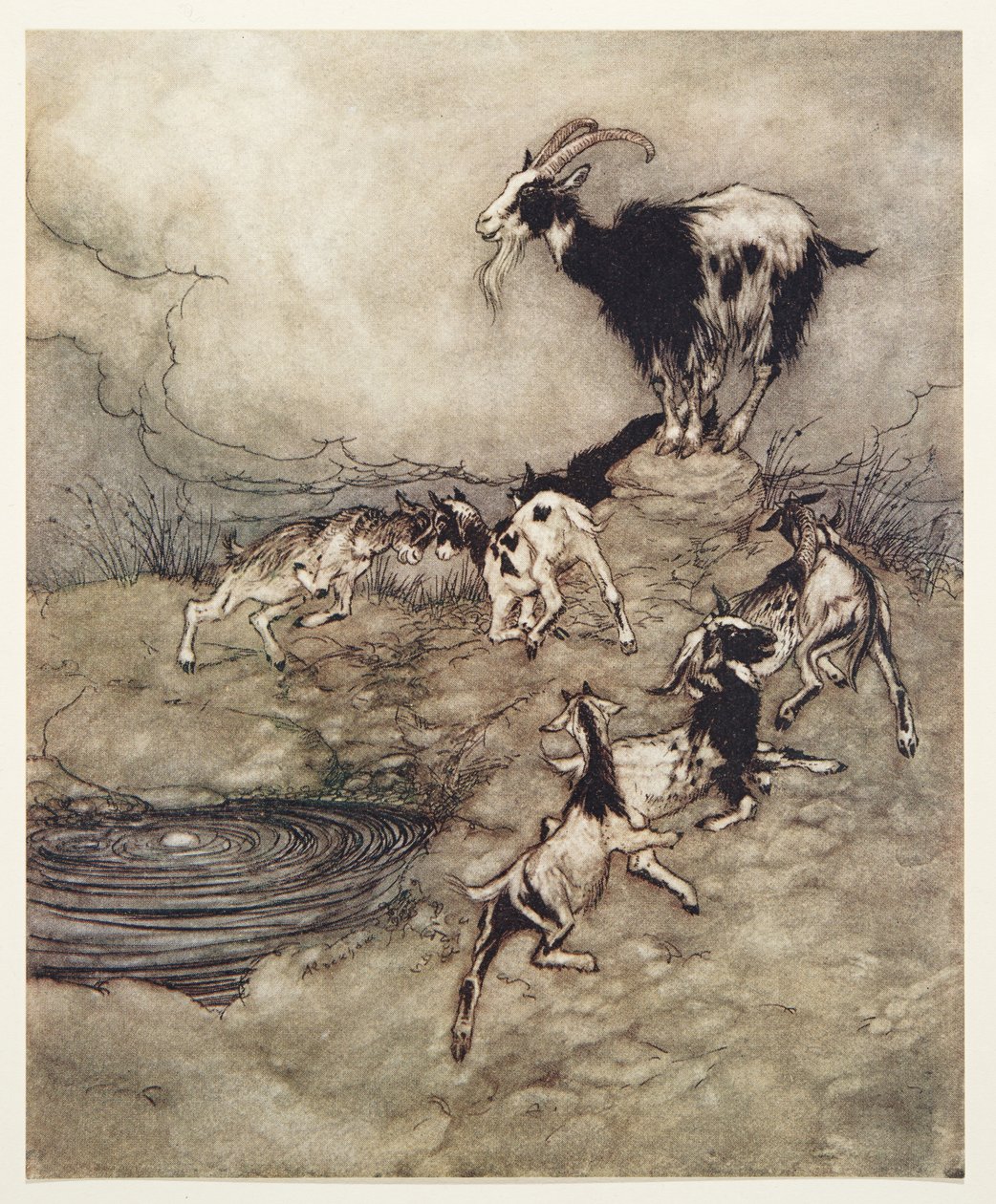 The Seven Kids og moren deres kapret og danset våren rundt i sin glede, fra The Fairy Tales of the Brothers Grimm, pub. 1909 av Arthur Rackham