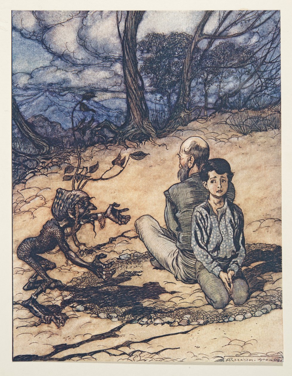 Sønnen laget en sirkel, og hans far og han tok plass i den, og den lille svarte Mannikinen dukket opp fra The Fairy Tales of the Brothers Grimm, pub. 1909 av Arthur Rackham