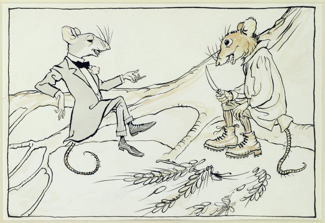 The Town Mouse and the Country Mouse, illustrasjon fra Aesops Fables, utgitt 1912 (penn og blekk med wc på papir) av Arthur Rackham