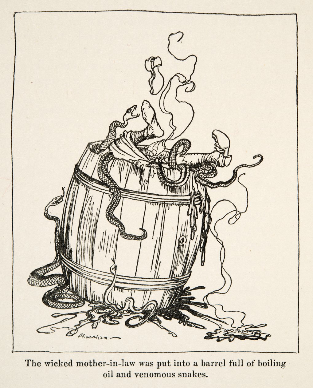 Den onde svigermor ble puttet i en tønne full av kokende olje og giftige slanger, fra Little Brother & Little Sister and Other Tales av brødrene Grimm, pub.1917 (litho) av Arthur Rackham