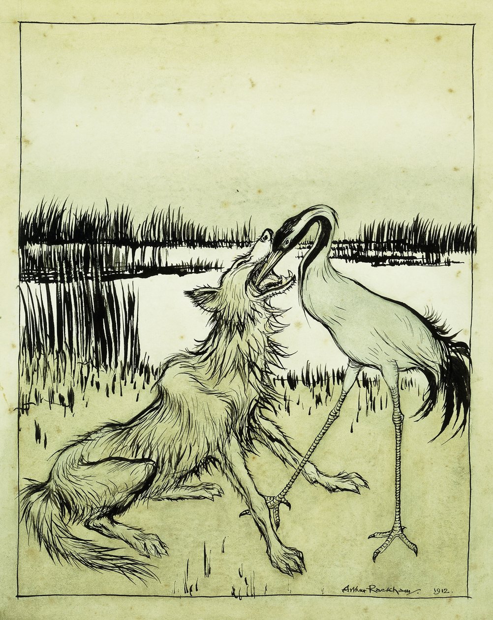 The Wolf and the Crane - Aesops Fables, 1912 av Arthur Rackham