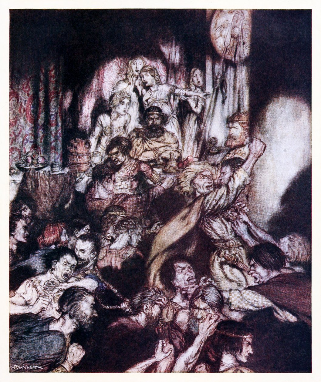 Festsalen var i tumult. fra The Little Brawl in Irish Fairy Tales av Arthur Rackham