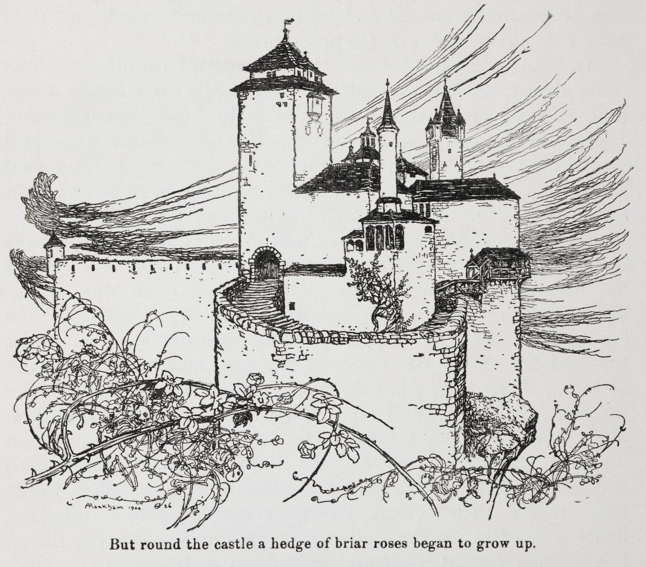 Slottet omgitt av torner fra Briar Rose (Sleeping Beauty) av Arthur Rackham