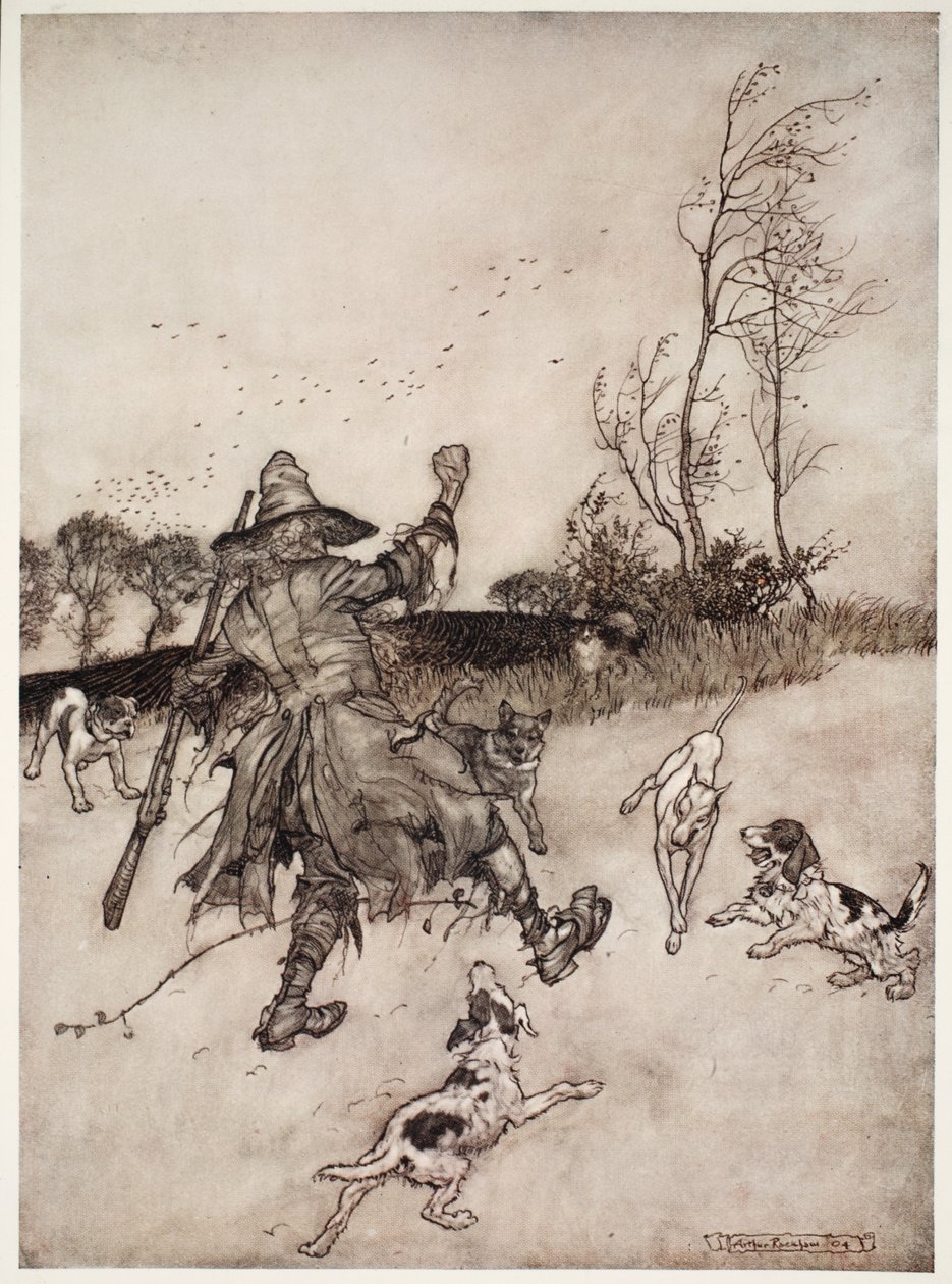 Hundene, ikke en av dem han kjente igjen for en gammel kjenning, bjeffet mot ham da han passerte., fra Rip Van Winkle ved Washington Irving, pub. 1910 av Arthur Rackham