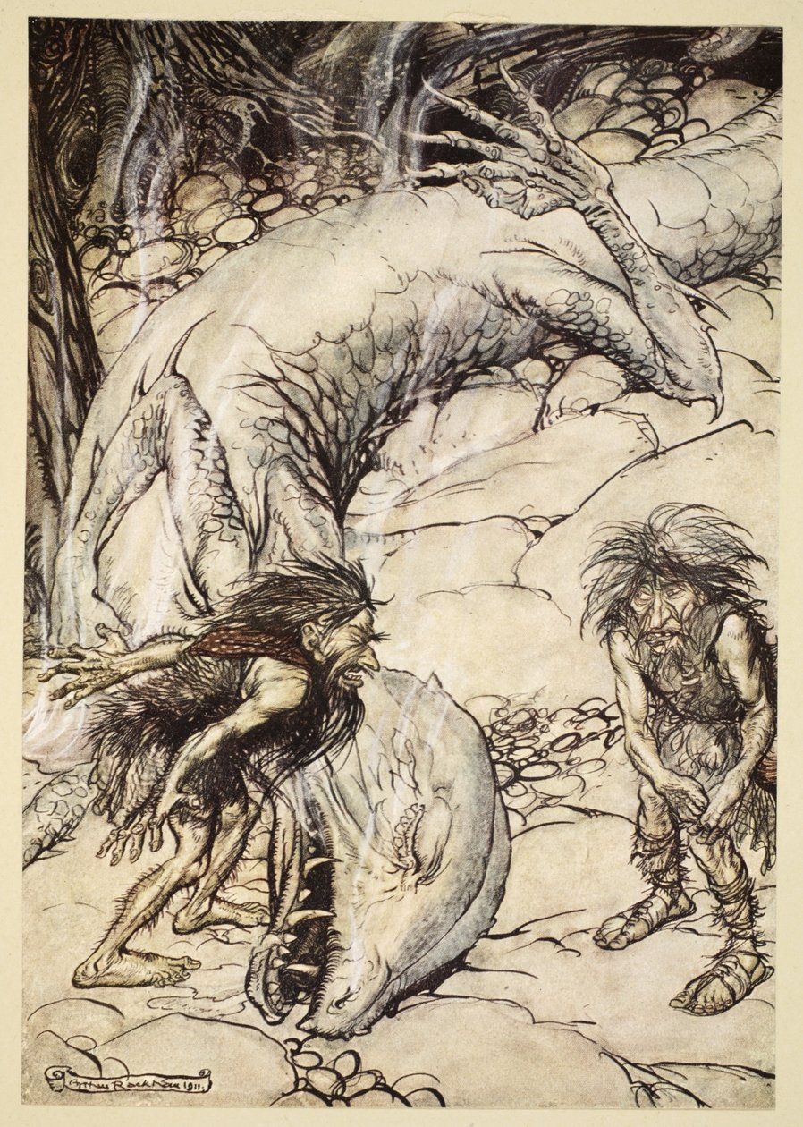 Dvergene krangler om kroppen til Fafner, illustrasjon fra 'Siegfried and the Twilight of the Gods', 1924 av Arthur Rackham