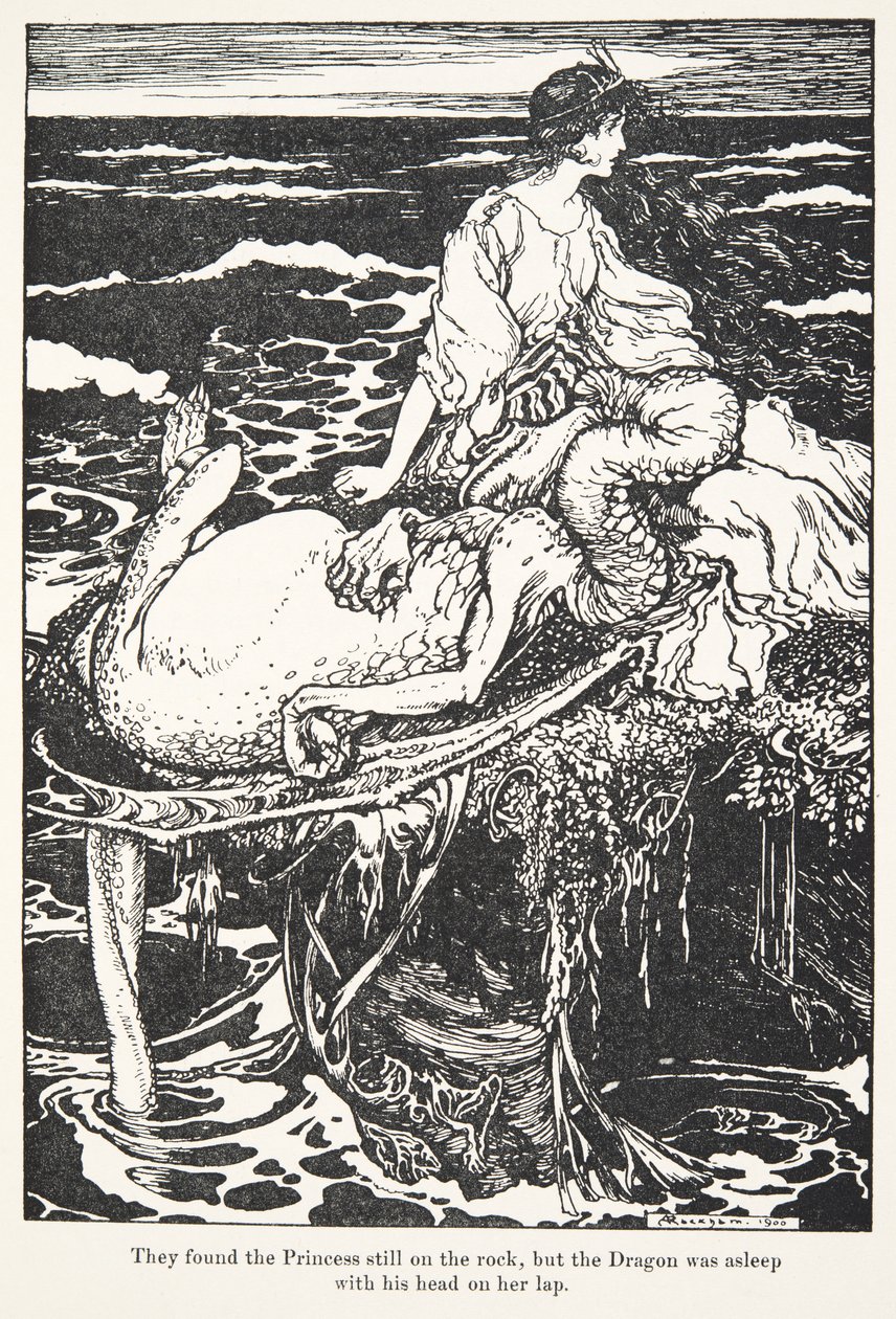 De fant prinsessen fortsatt på steinen, men dragen sov med hodet på fanget hennes, , fra The Fairy Tales of the Brothers Grimm, pub. 1909 av Arthur Rackham
