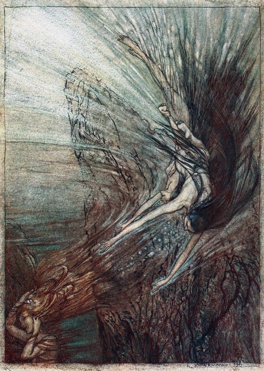 Rhinmaidens boltring. Illustrasjon for Rhinegold og Valkyrien av Richard Wagner, av Arthur Rackham