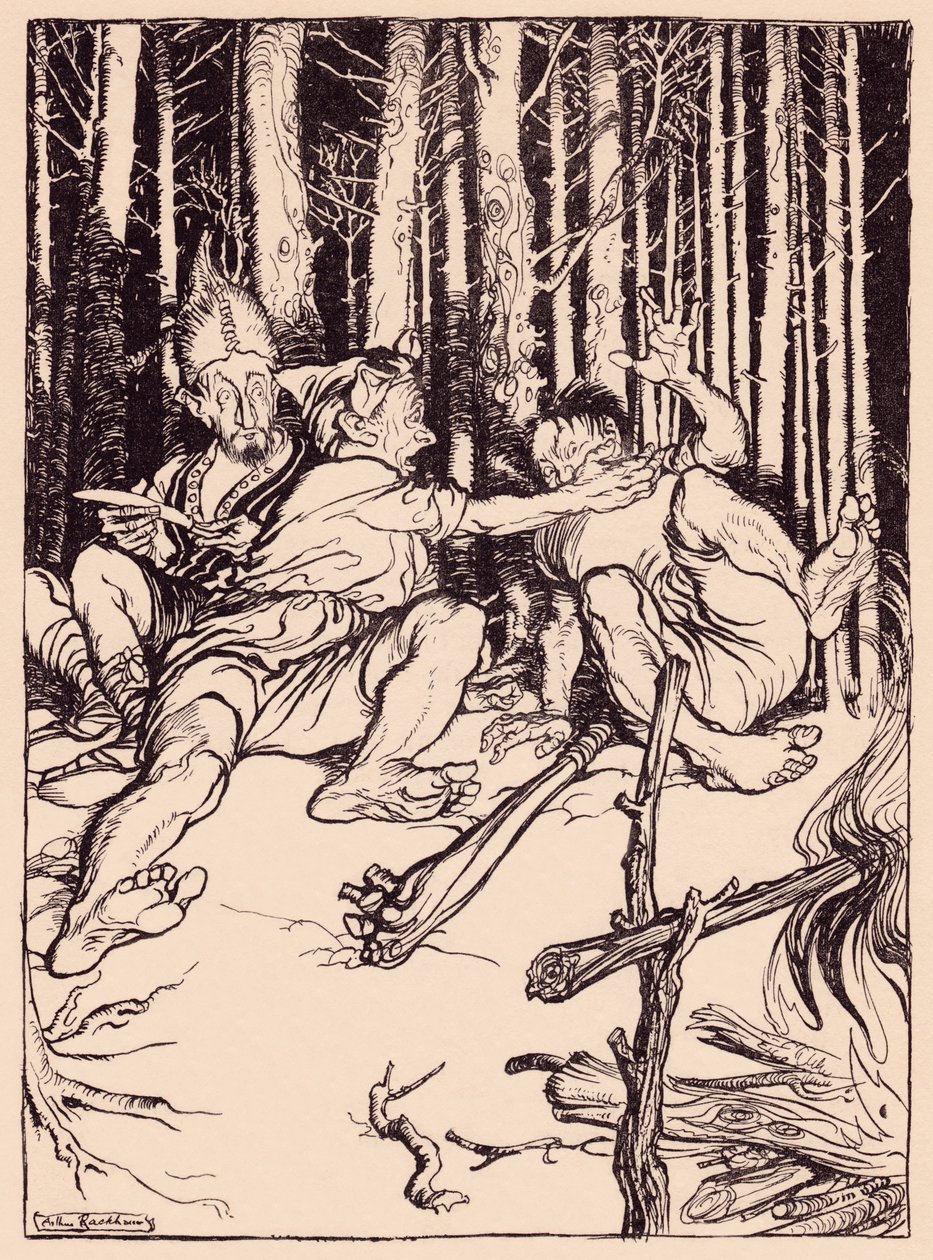 Kjempen ga den som satt ved siden av ham en boks på øret. Illustrasjon av Arthur Rackham fra Grimm