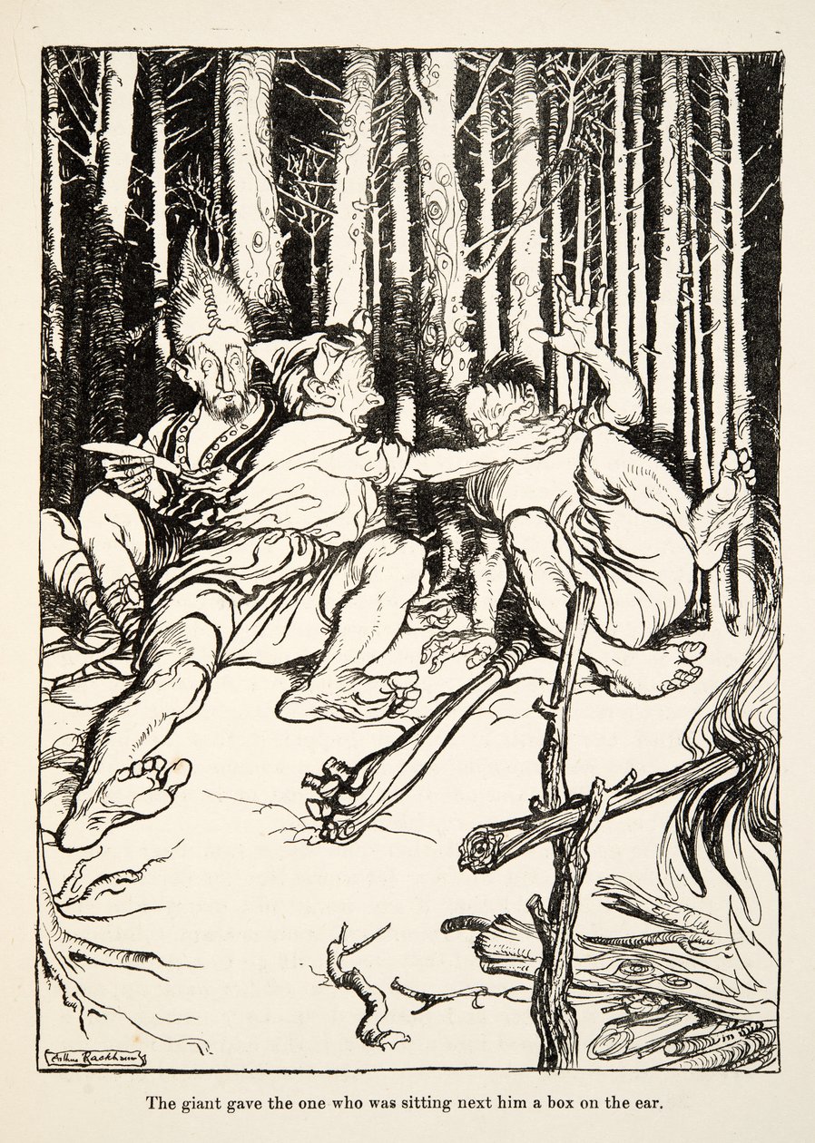 Kjempen ga den som satt ved siden av ham en boks på øret, fra Little Brother & Little Sister and Other Tales av brødrene Grimm, pub.1917 (litho) av Arthur Rackham