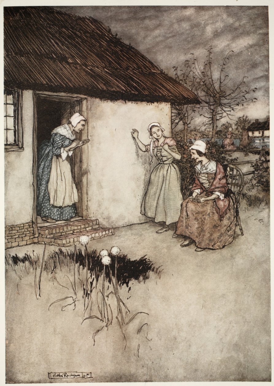 De gode konene i landsbyen sviktet aldri, i kveldssladderen om å legge all skylden på Dame Van Winkle, fra Rip Van Winkle av Washington Irving, pub. 1910 av Arthur Rackham