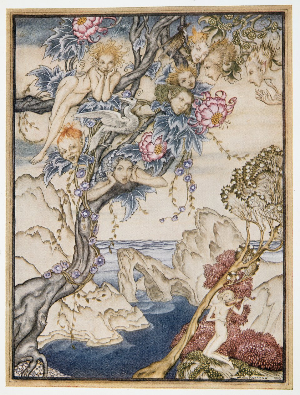 Øya er full av lyder, lyder og søt luft, som gir glede og ikke gjør vondt, illustrasjon fra William Shakespeares The Tempest, pub. 1926 av Arthur Rackham