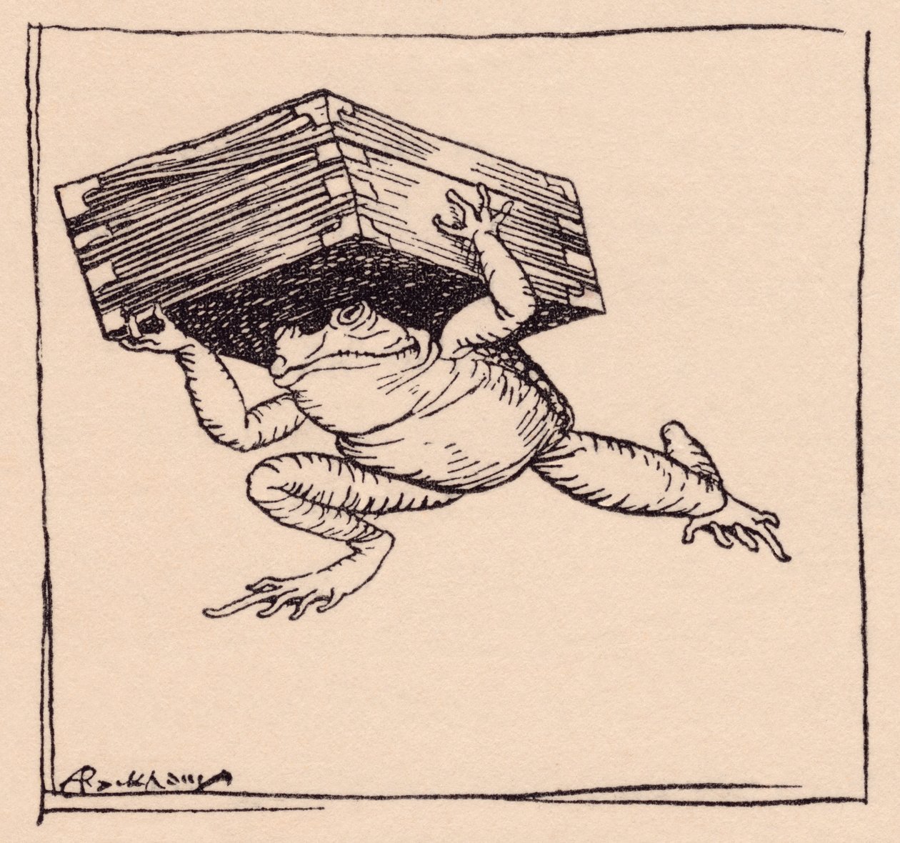 Den lille gikk og tok med seg esken. Illustrasjon av Arthur Rackham fra Grimm