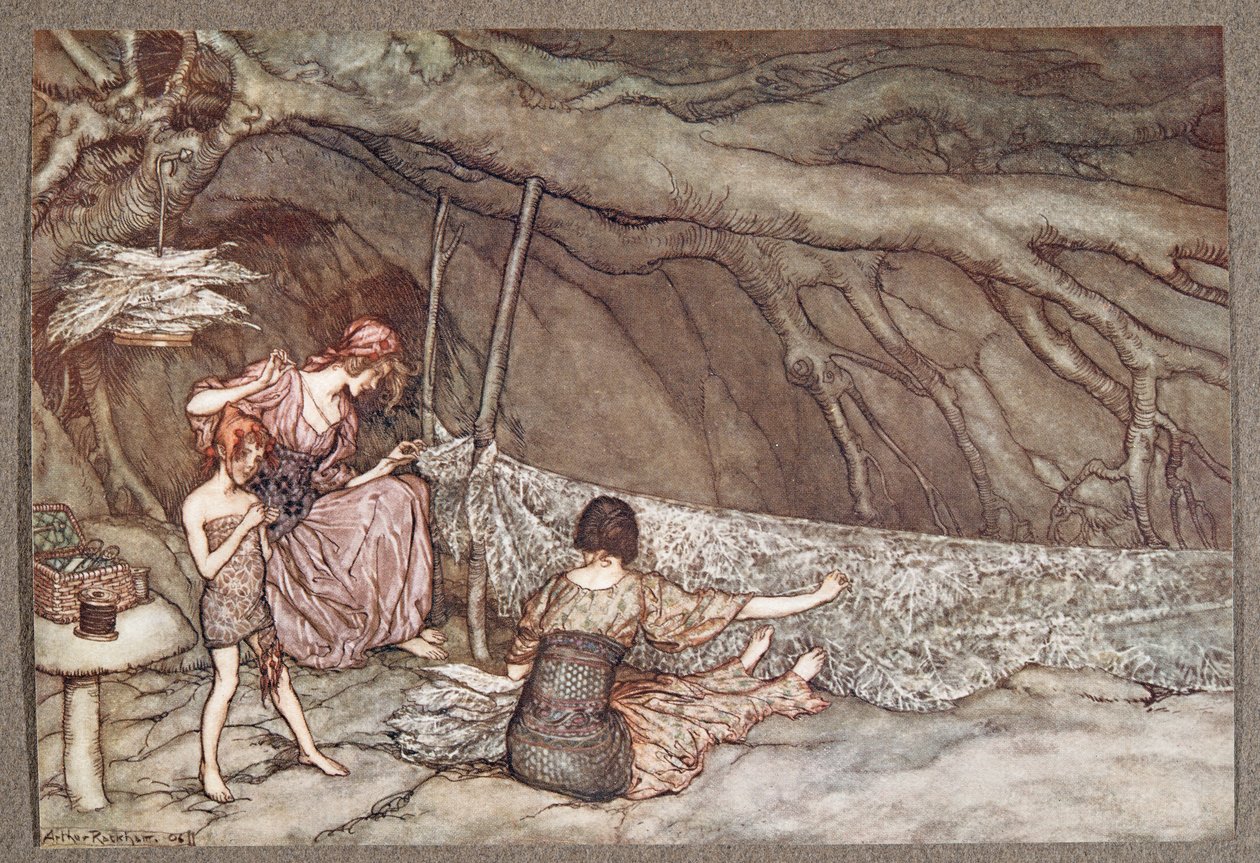 De små menneskene vever sommergardinene sine av skjelettblader .. , fra Peter Pan i Kensington Gardens av J M Barrie (1860 - 1937), pub. 1906 av Arthur Rackham