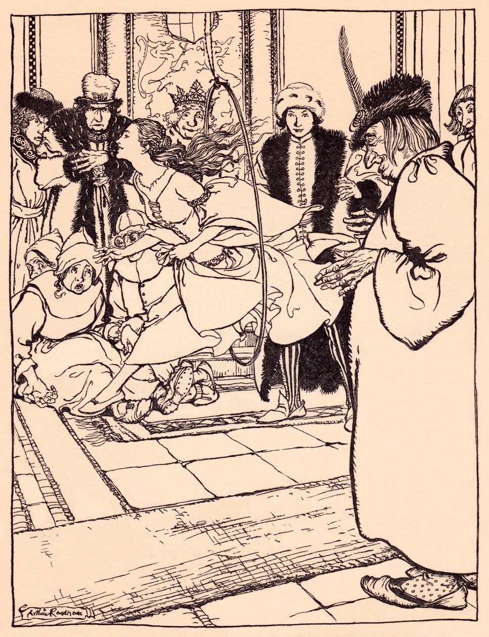 Den vakre jomfruen hoppet lett gjennom bøylen som et rådyr. Illustrasjon av Arthur Rackham fra Grimm