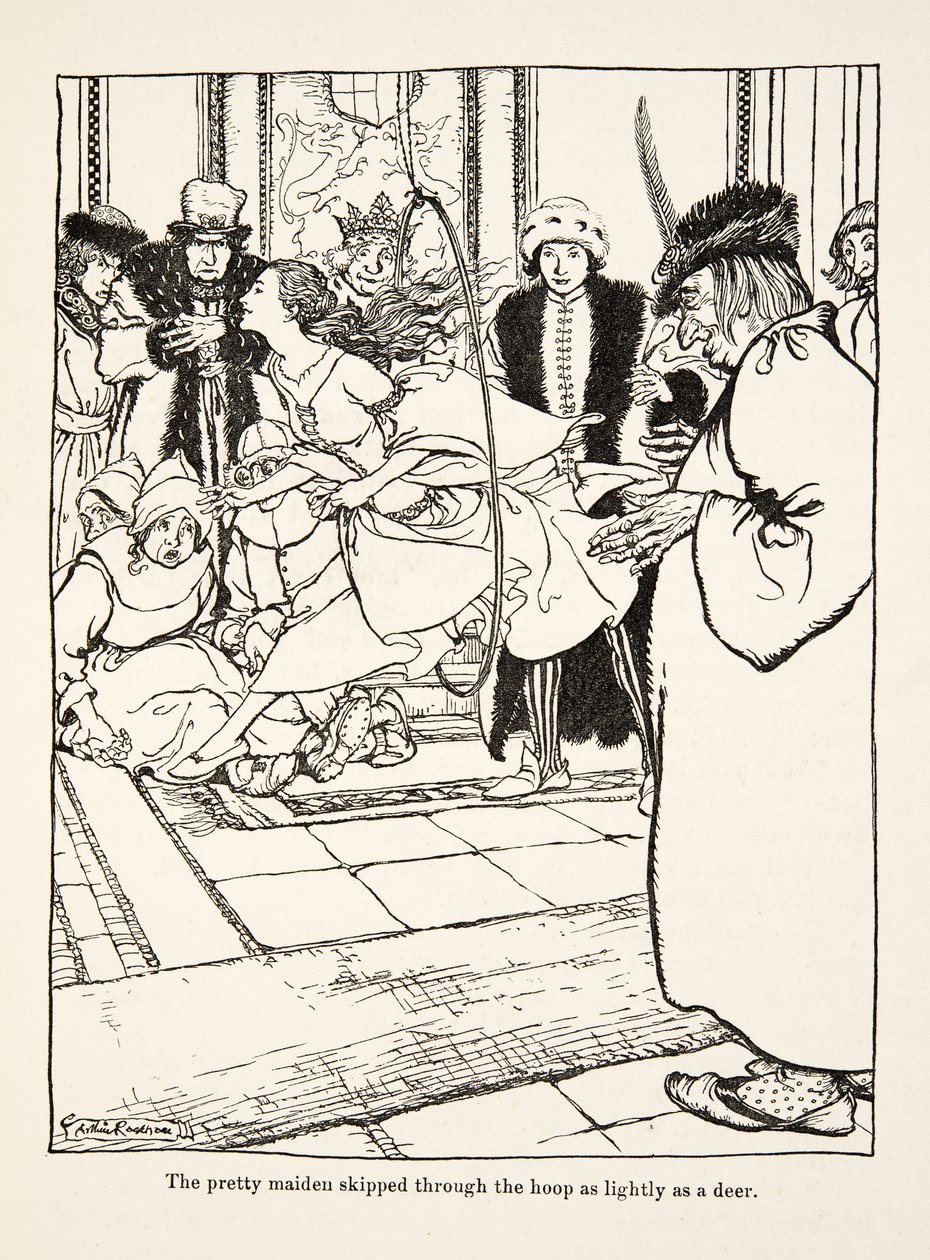 Den vakre jomfruen hoppet gjennom bøylen så lett som et rådyr, fra Little Brother & Little Sister and Other Tales av brødrene Grimm, pub.1917 (litho) av Arthur Rackham