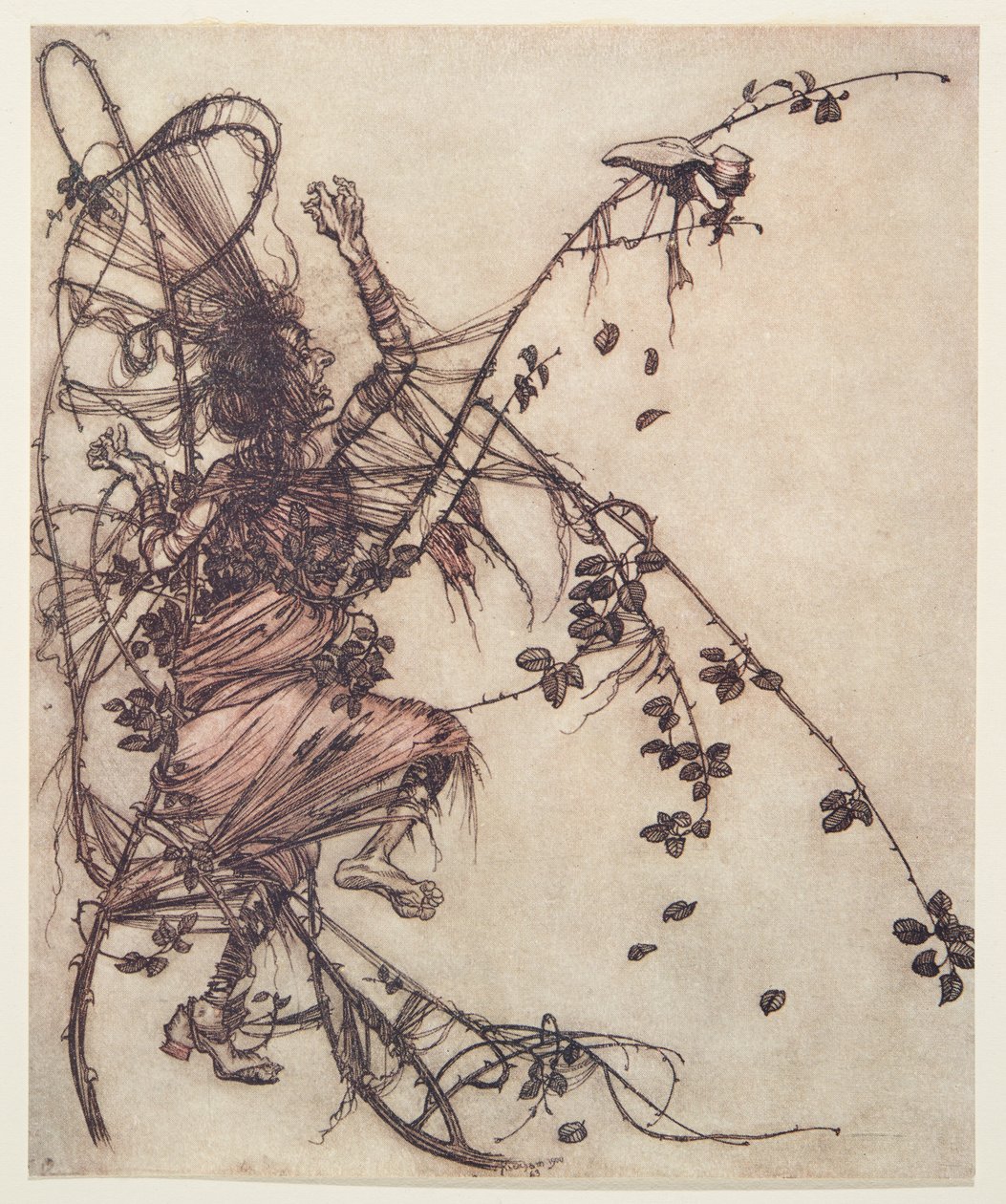Jo raskere han spilte, jo høyere måtte hun hoppe fra The Fairy Tales of the Brothers Grimm, pub. 1909 av Arthur Rackham