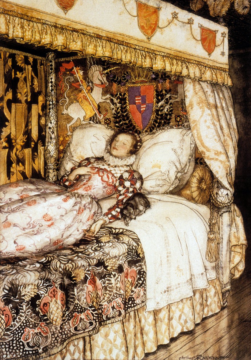 Den sovende prinsessen, illustrasjon av Arthur Rackham for historien av Charles Perrault "Sleeping Beauty" av Arthur Rackham