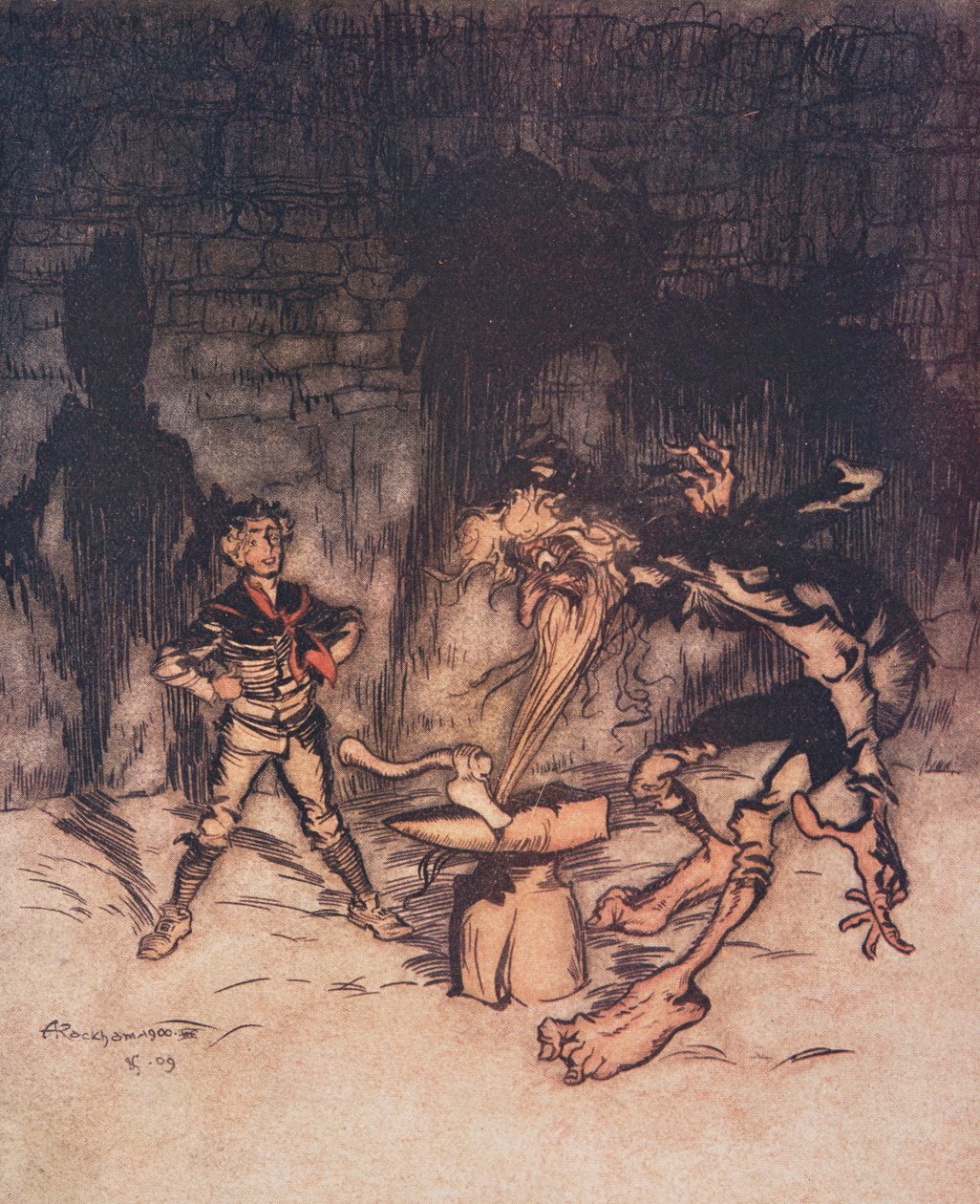 The Youth tok øksen og delte ambolten med ett slag, og fanget i Old Mans-skjegget samtidig, fra The Fairy Tales of the Brothers Grimm, pub. 1909 av Arthur Rackham