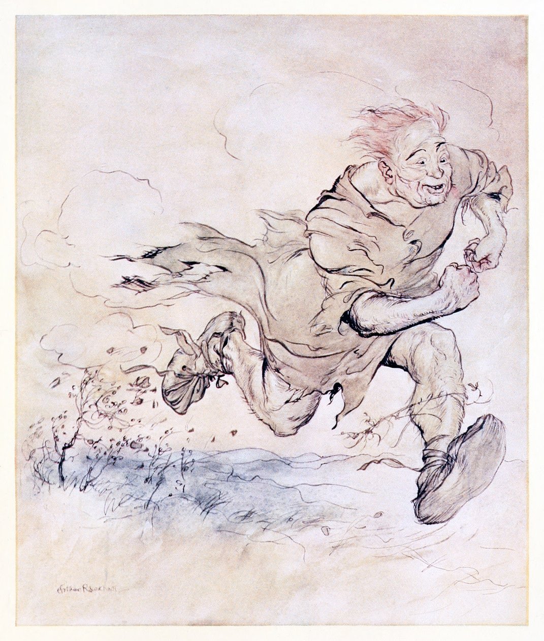 Dunkene fra de store støvlene hans vokste like kontinuerlig som klappingen av hagl på et tak, og vinden fra passasjen hans blåste trær ned. fra The Carl of the Drab Coat i Irish Fairy Tales av Arthur Rackham