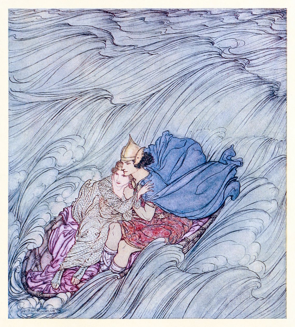Bølgene fra alle verdener så ut til å virvle forbi dem i ett enormt grønt teppe fra Becuma of the White Skin in Irish Fairy Tales av Arthur Rackham