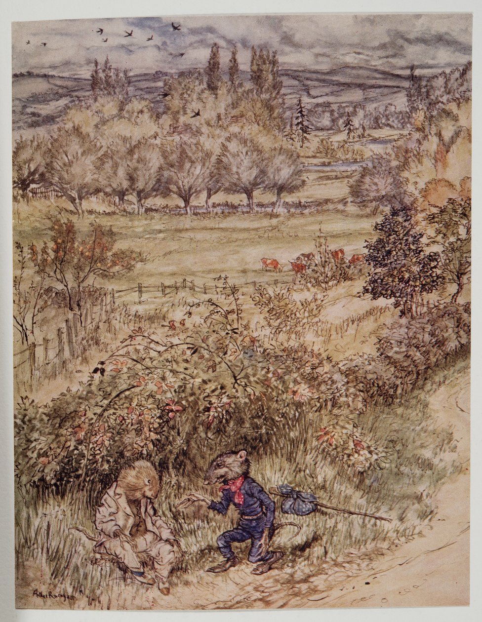 Den veifarende hilste med en høflig gest som hadde noe fremmed over seg, fra Wind in the Willows av Kenneth Grahame (1859 - 1932), pub. 1940 av Arthur Rackham