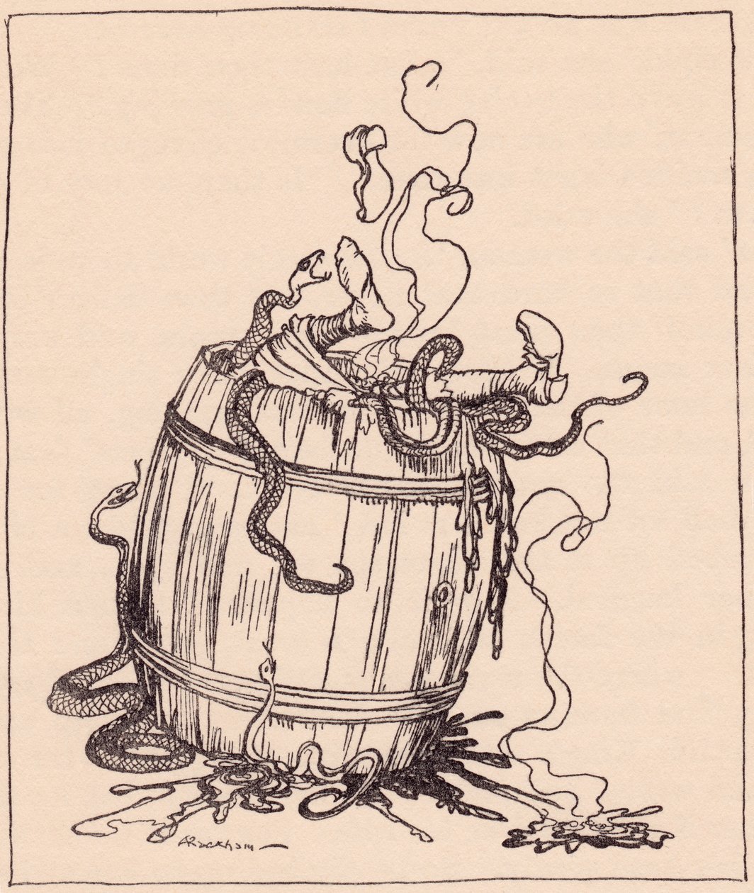 Den onde svigermor ble lagt i en tønne full av kokende olje og giftige slanger. Illustrasjon av Arthur Rackham fra Grimm