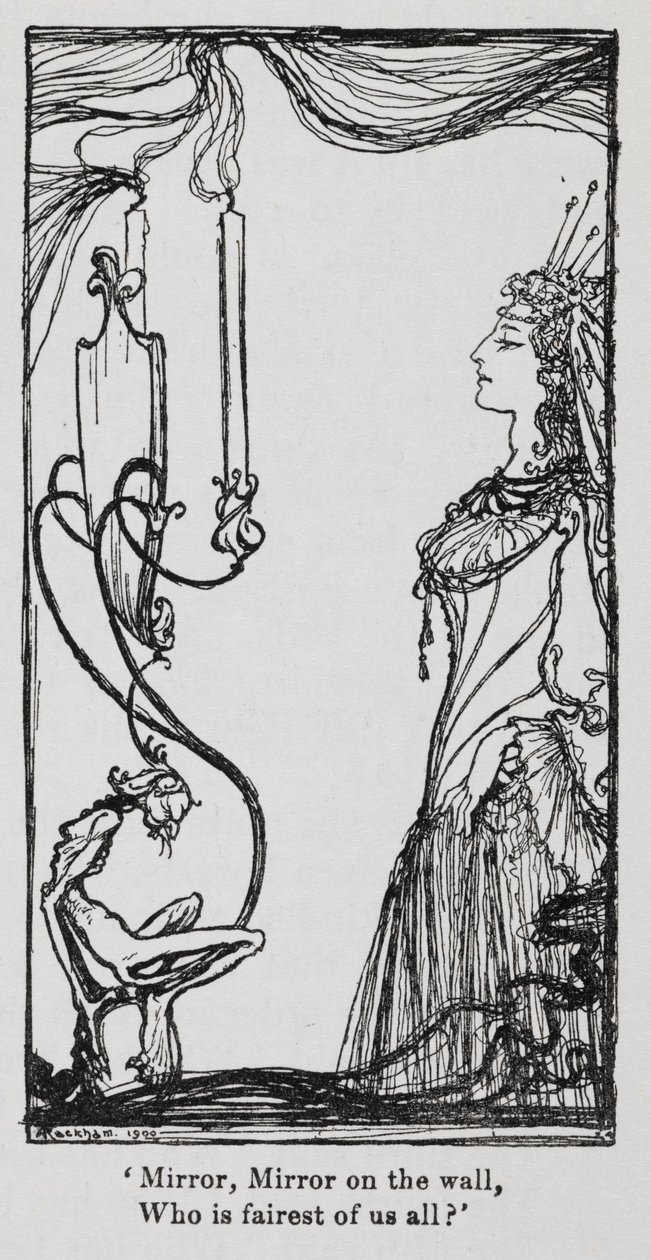 Den onde dronningen ser på seg selv i speilet fra Snowdrop (Snøhvit) av Arthur Rackham
