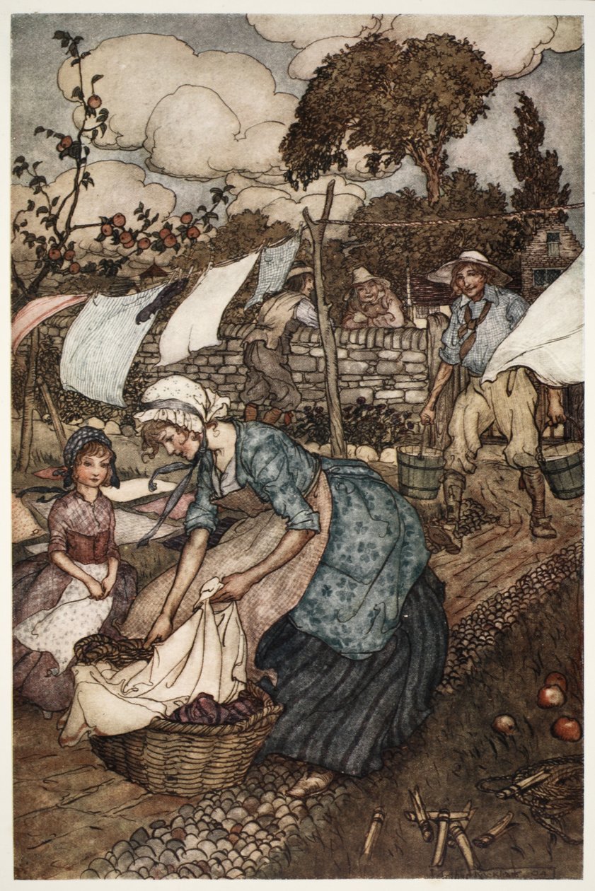 Kvinnene i landsbyen pleide å ansette ham til å gjøre så små rare jobber som deres mindre imøtekommende ektemenn ikke ville gjøre for dem., fra Rip Van Winkle av Washington Irving, pub. 1910 av Arthur Rackham