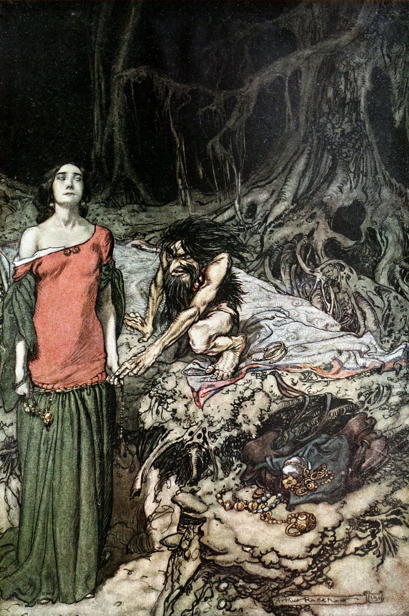 Frielsen til Grimhilde, moren til Hagen. Illustrasjon for Siegfried og The Twilight of the Go av Arthur Rackham